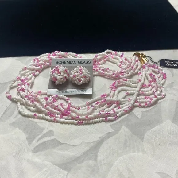 Vintage Pink and White Bohemian Glass MultiStrand Necklace Set NWT - Picture 4 of 15